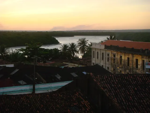 Céu claro de fim de tarde sobre os telhados do Varadouro, um casarão antigo, coqueiros e o rio Sanhauá entre o mangue, visto do alto do Centro Histórico