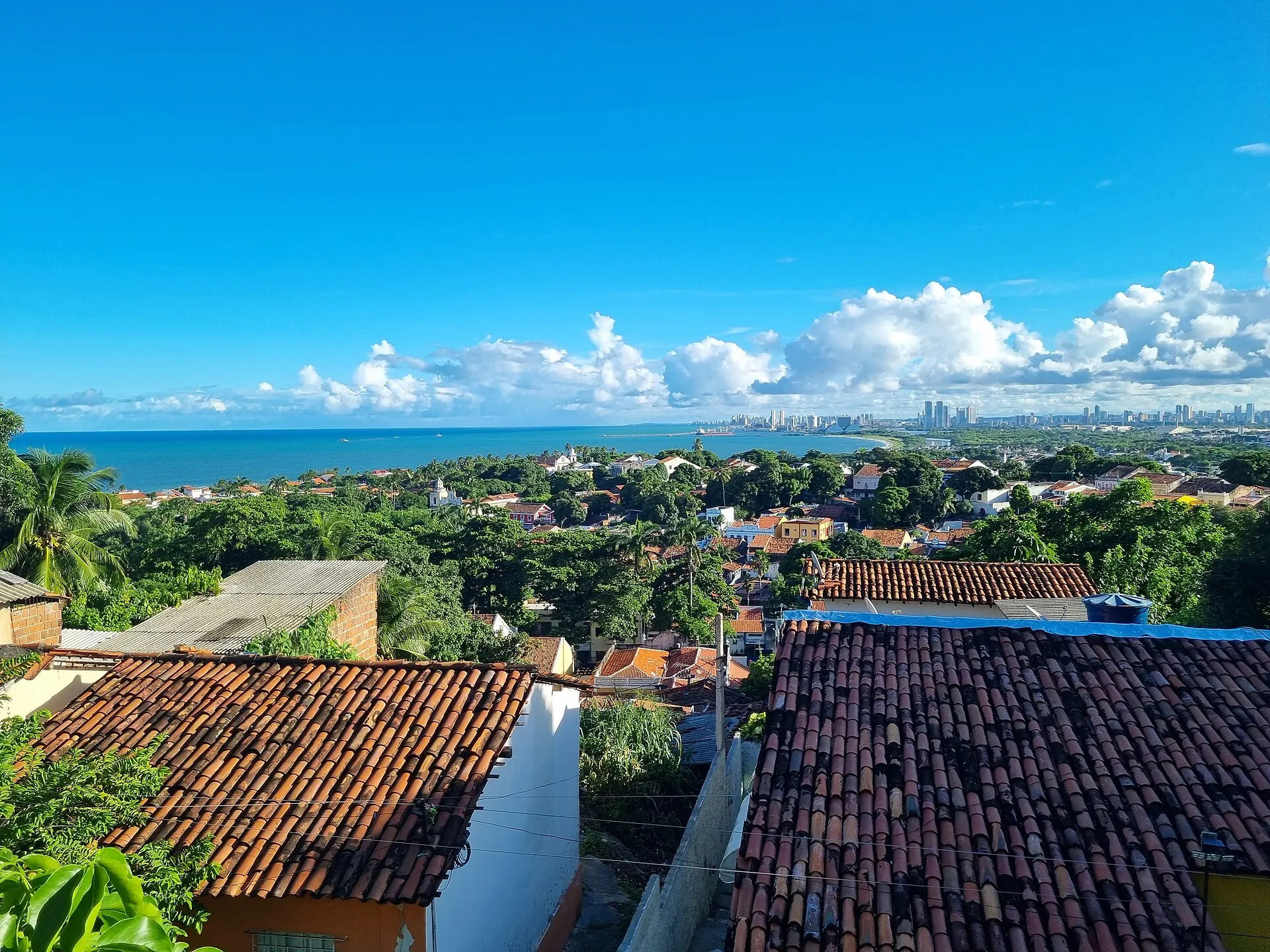 Telhados do Sítio Histórico de Olinda e o mar, com os prédios do Recife no horizonte